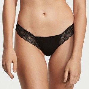 VICTORIA’S Secret Black Stretch Cotton Thong Panty with Lace Detail